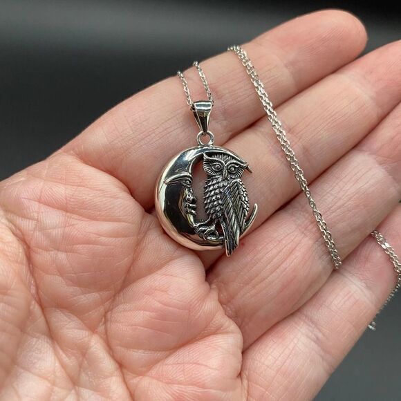 Owl And Moon Sterling Silver Pendant Necklace - Picture 2 of 6